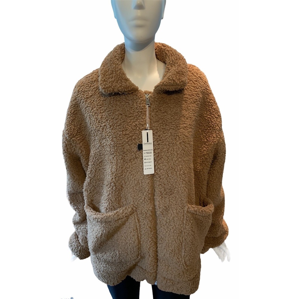 Comeon Oversized Faux Fur Jacket Sherpa Full Zip Pockets Shacket Tan Large
